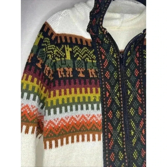 Handmade Peru Women's Alpaca White Multi‎ Cardigan Sweater Hood Zip up size: L - Picture 2 of 12